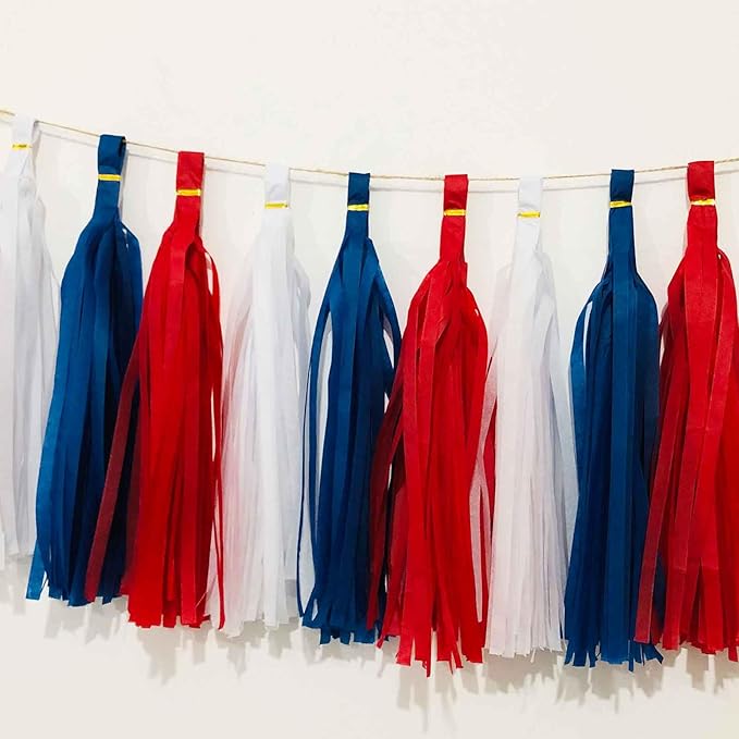 We Moment Blue Red and White Tissue Paper Tassels Party Tassel Garland Banner for Party Decorations, DIY Kits,15PCS