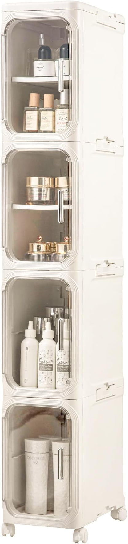 4-Tier Slim Tall Narrow Bathroom Storage Cabinet with Adjustable Shelves and Movable Wheels, Magnetic Doors, Plastic Storage Cabinets and Organizers for Small Space, Cream White