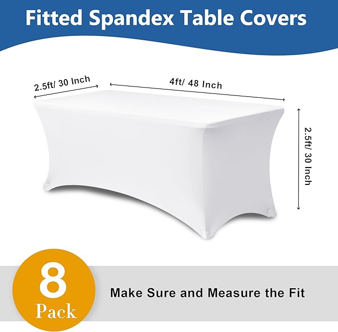 Stretch Tablecloths 4 ft-8 Pack White Elastic Folding Spandex Table Cover Fitted-Elastic 4ft Washable Tablecloth for Party, Vendor Booth Display, Banquet Buffet Event, Craft Trade Show
