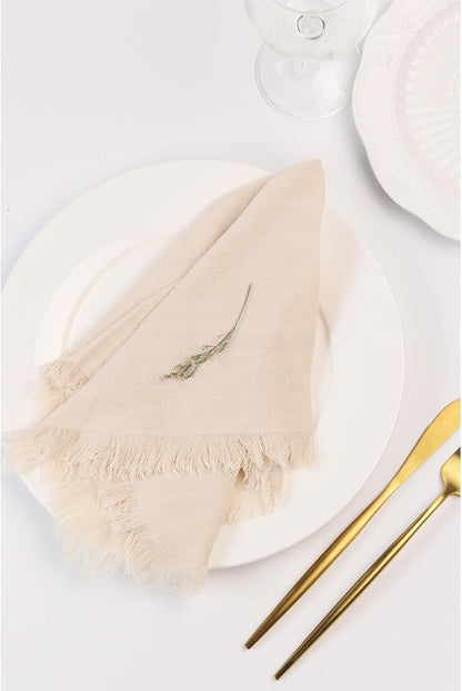 Handmade Cloth Napkins with Fringe,18 x 18 Inches Cotton Linen Napkins Set of 12 Versatile Handmade Square Rustic Fringe Napkins for Dinner, Wedding and Parties, Cream