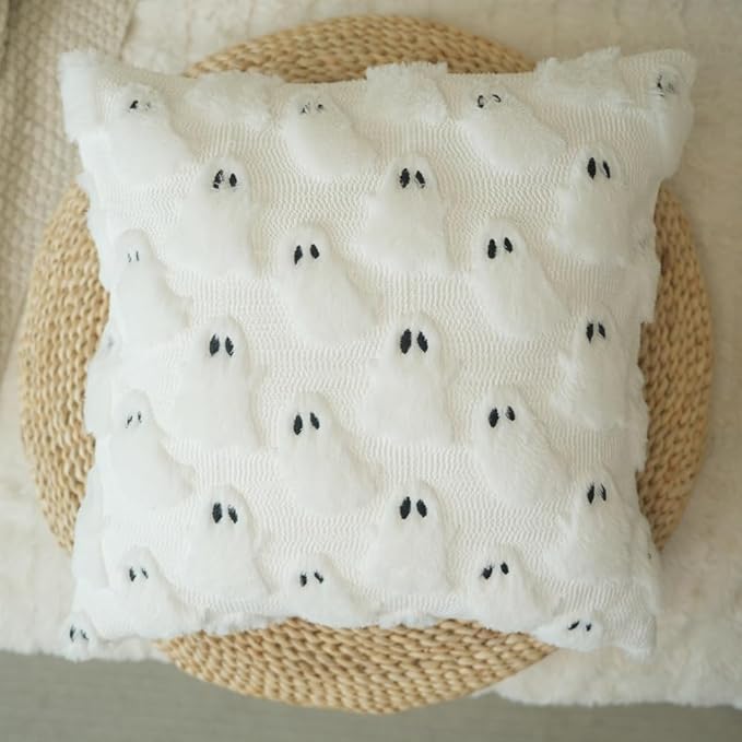 GEEORY Halloween Ghost Soft Plush Pillow Covers, 20 x 20 Inch Set of 2, Fluffy Faux Fur Wool Decorative Farmhouse Cushion Case for Sofa Home Decoration White GC026-20