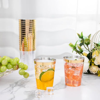 I00000 100PCS Gold Plastic Cups,10 oz Clear Plastic Cups with Gold Trim, Beer Mugs，Disposable Hard Cup For Party, Premium Cup Perfect for Wedding & Party