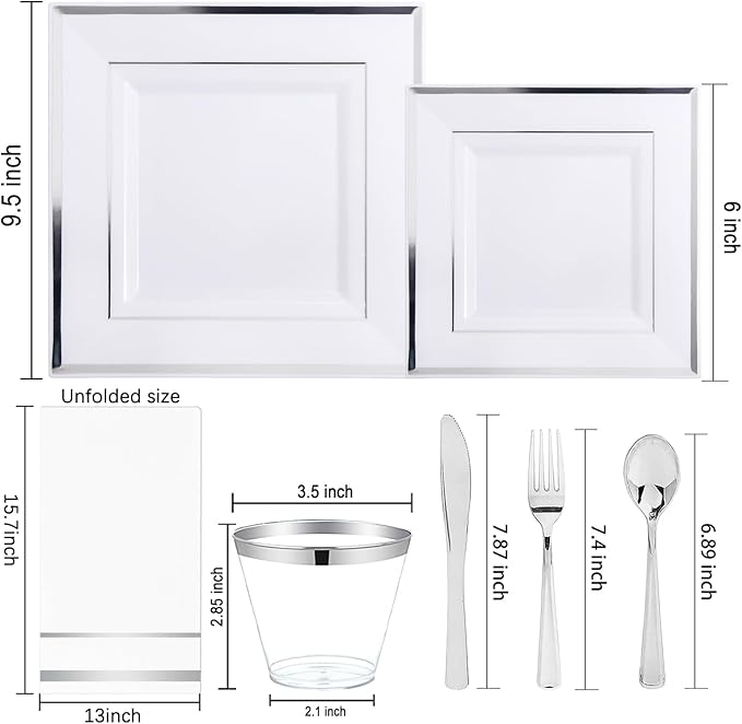 Festiva 350Pcs Silver Plates - Silver Square Plastic Plates 9 .5" and 6" - serve for 50 guests include 50 Cups 50Plastic Cutlery 50Hand Napkins Perfect for Party&Wedding&Birthday&Christmas