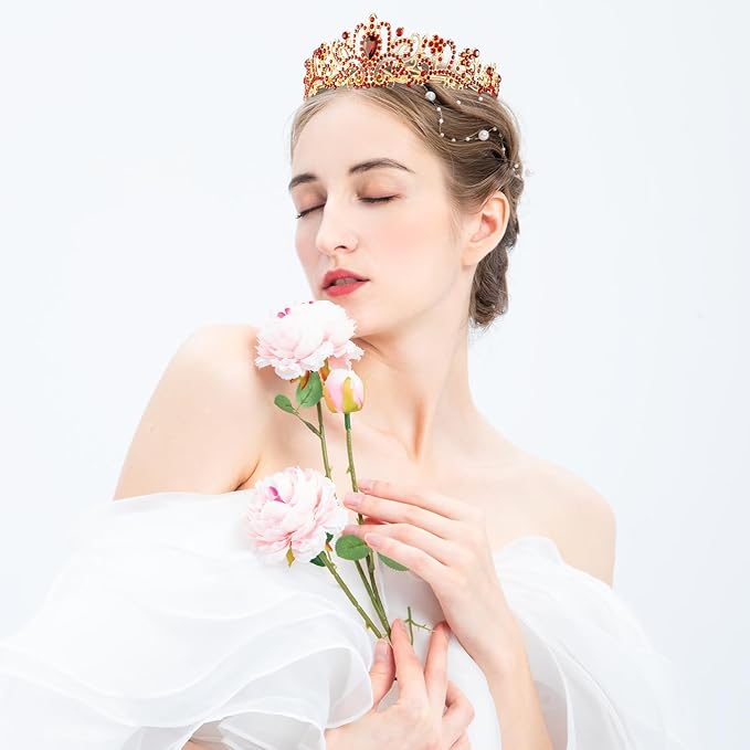 COCIDE Red Tiara Crowns Aurora Borealis Crystal Headband Princess Ruby Rhinestone Crown with Combs Bride Headbands Bridal Wedding Prom Birthday Party Hair Accessories Jewelry for Women Girls