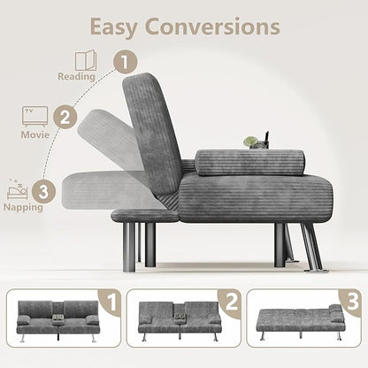 Flamaker Futon Sofa Bed Modern Folding Futon Set Convertible Recliner Lounge for Living Room with 2 Cup Holders, Removable Armrests (Corduroy, Marble Grey)
