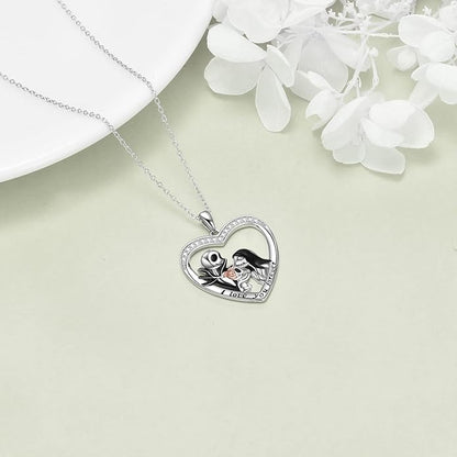 LILALO Christmas Gifts Nightmare Necklace Sterling Silver Abalone Shell Crystal Jack and Sally Necklace Jack Skellington Skull Jewelry Skull Necklaces for Women