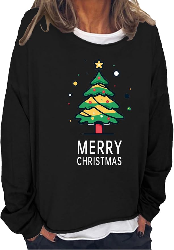 LOAIHA Merry Christmas Sweatshirt Crewneck Snowman Graphic Shirts Christmas Tree Sweater Long Sleeve Xmas Hoodie Pullover