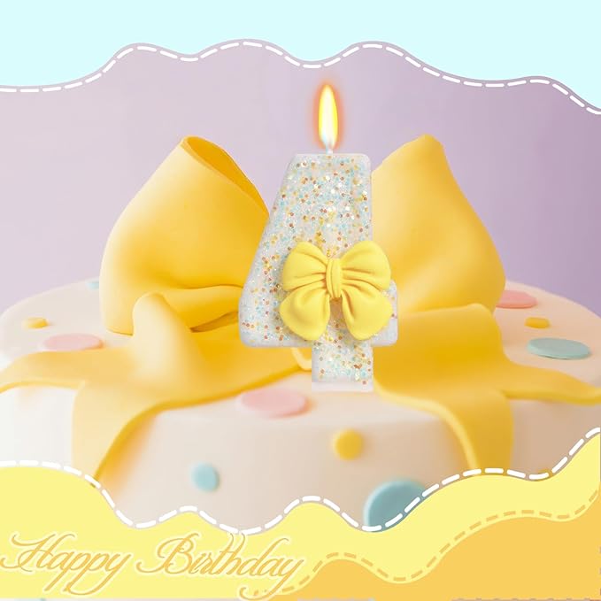 Birthday Candle for Cake, Yellow Bow Cake Candles, Cake Topper Decoration for Birthday Party (Number 4)