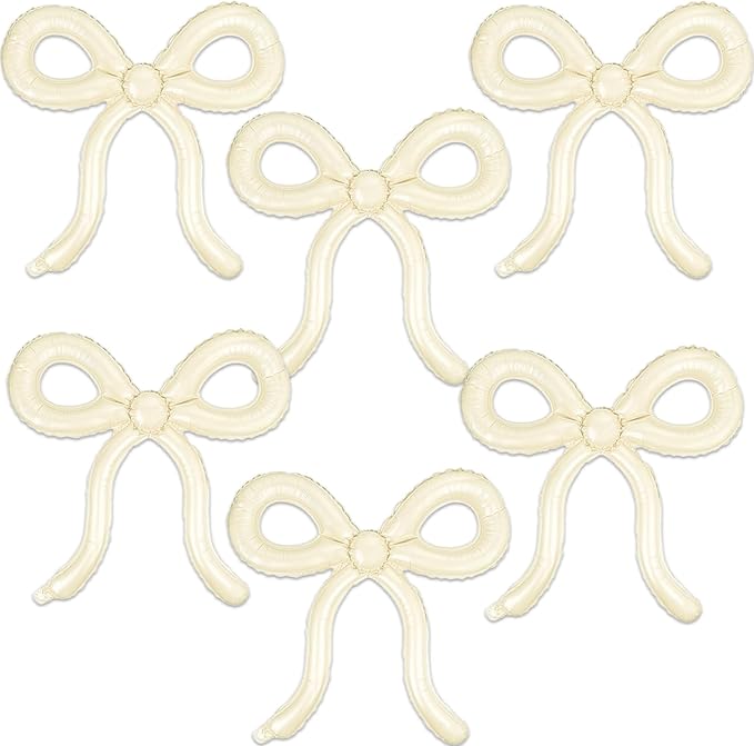 6 Pcs Beige Bow Balloons Cream White Bow Decorations for Girls Women Bow Themed Birthday Party Supplies for Baby Shower, Gender Reveal, Wedding, Bachelorette, One Silly Goose Event Decor