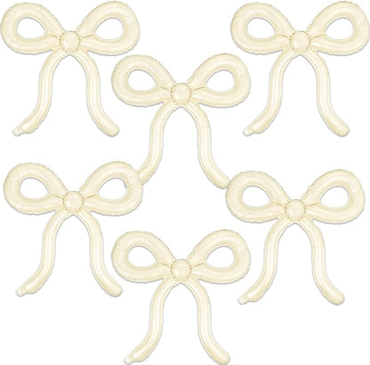 6 Pcs Beige Bow Balloons Cream White Bow Decorations for Girls Women Bow Themed Birthday Party Supplies for Baby Shower, Gender Reveal, Wedding, Bachelorette, One Silly Goose Event Decor