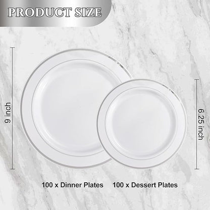 NOCCUR 200PCS Silver Plastic Plates Disposable for 100 Guests - Include 100 Dinner / 100 Dessert Plates Heavy Duty - Ideal for Party/Wedding/Christmas