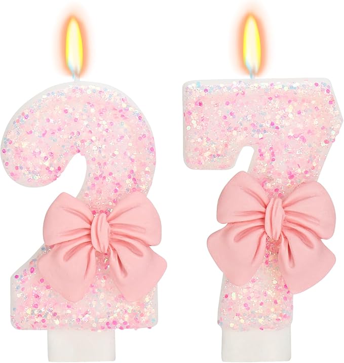27th Birthday Number Candles with Bow, Pink, Number 27, Modern, Smokeless, Non-Toxic, Unscented, Indoor, Novelty Candle, 3.1 inches, 3 inches, 1 Count