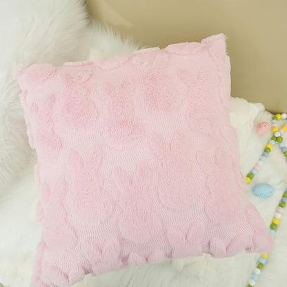 GEEORY Easter Bunny Soft Plush Pillow Covers, 20 x 20 Inch Set of 2, Fluffy Faux Fur Wool Decorative Farmhouse Cushion Case for Sofa Home Decoration Pink GC015-20