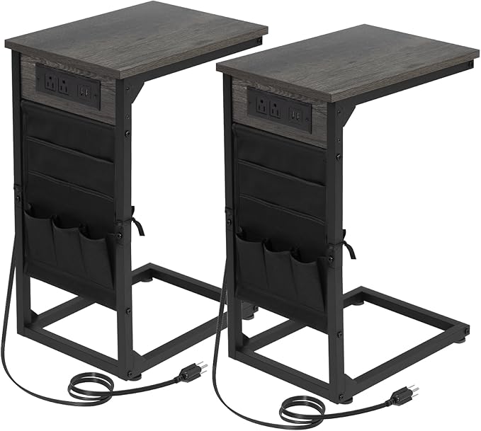 AMHANCIBLE Couch Table, C Shaped End Table with Charging Station, TV Tray Set of 2, Side Table with Storage for Couch, Dark Grey HET04CDG