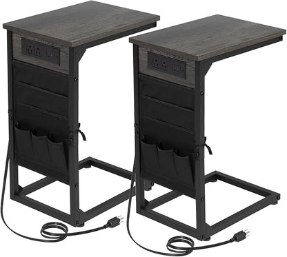 AMHANCIBLE Couch Table, C Shaped End Table with Charging Station, TV Tray Set of 2, Side Table with Storage for Couch, Dark Grey HET04CDG