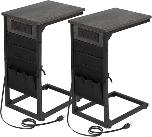 AMHANCIBLE Couch Table, C Shaped End Table with Charging Station, TV Tray Set of 2, Side Table with Storage for Couch, Dark Grey HET04CDG