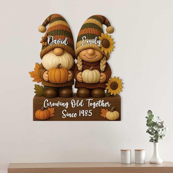 Autumn Growing Old Together Gnomes Wooden Sign, Gifts for Him Her Wife Husband, Custom Wood Plaque Anniversary Couples Gift, Valentine Christmas Gift For Parents, Grandparents Decorations Sign 33