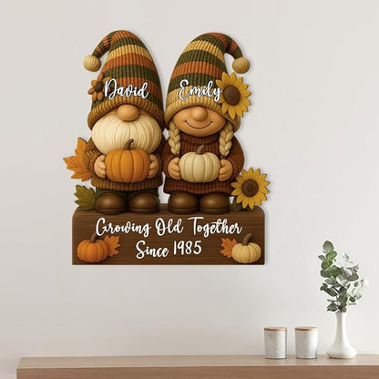 Autumn Growing Old Together Gnomes Wooden Sign, Gifts for Him Her Wife Husband, Custom Wood Plaque Anniversary Couples Gift, Valentine Christmas Gift For Parents, Grandparents Decorations Sign 33