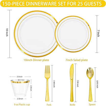 150 PCS Gold Disposable Dinnerware Set for 25 Guests, Gold and White Plastic Plates for Party, 25 Dinner & Salad Plates, 25 Cups, 25 Forks Knives Spoons for Wedding and Party Supplies