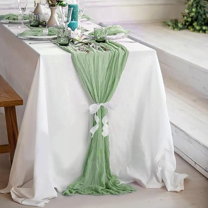Cotton Sage Green Cheesecloth Table Runner, 13FT Cotton Table Runner Rustic Boho Green Cheese Cloth Runner for Wedding Bridal Baby Shower Table Decoration