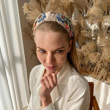 Yusier Baroque Rhinestone Crystal Headbands for Women - Embroidered Hair Band - Exquisite Hairband - Available in 5 Colors (Beige)