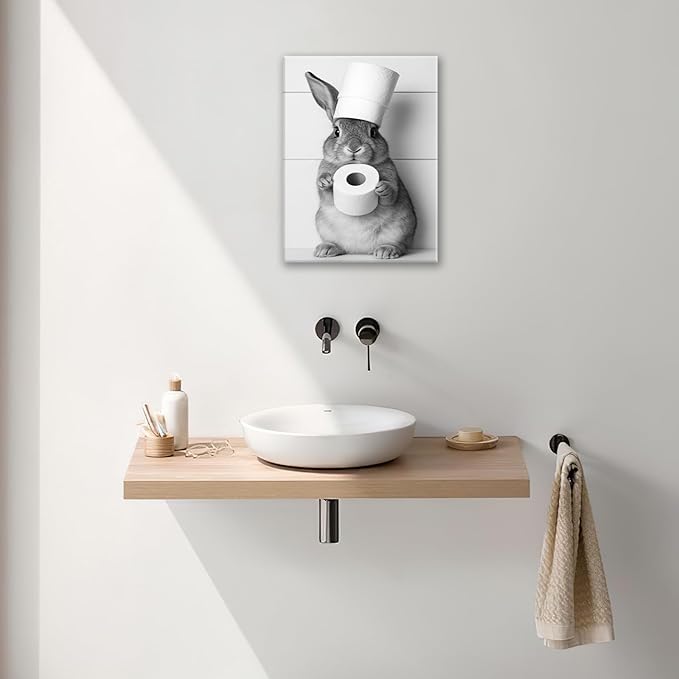 Bunny Bathroom Wall Art, Rabbit Pictures Wall Decor, Animal Canvas Prints Painting, Framed Artwork For Bathroom Living Room Bedroom Office Dining Room 20"X16"