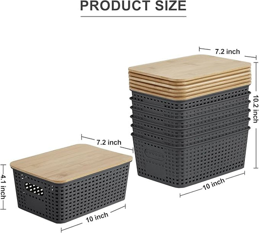 Small Plastic Storage Bins with Bamboo Lids 5.2qt Stackable Box Basket Pantry Decorative Containers Cute with Lable for Organizing Desktop Closet Office Gray of 6 packs 10 * 7.2 * 4.1"