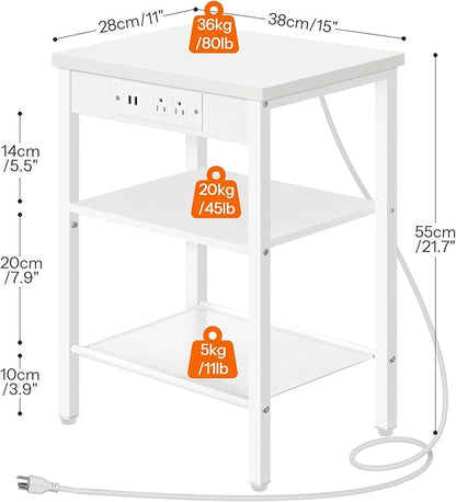 HOOBRO Side Table with Charging Station and USB Port, Small End Table for Small Space, 3-Tier Nightstand with Adjustable Shelf, for Living Room, Bedroom and Balcony, White WW112BZ01