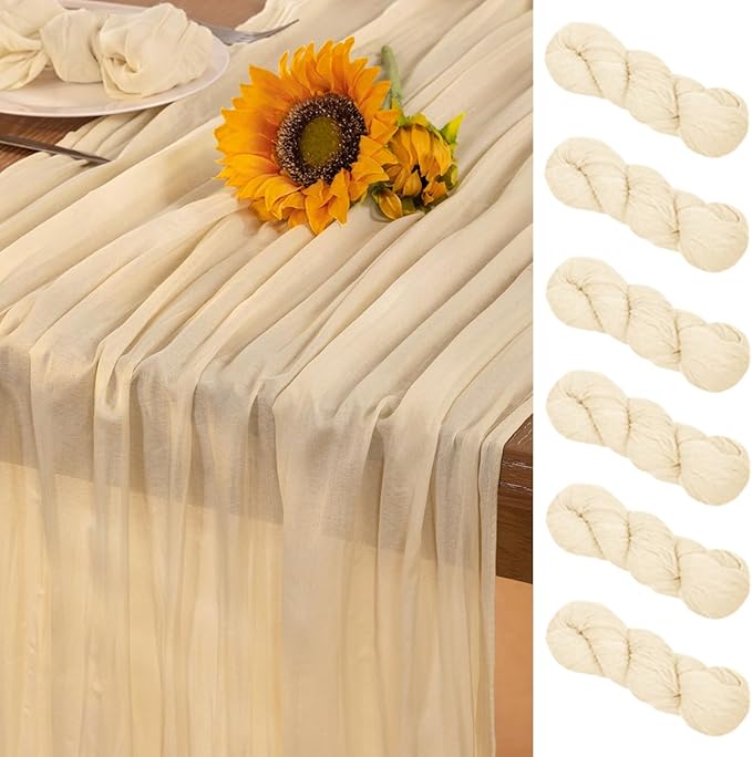 Beige Cheesecloth Table Runner 6 Pack Christmas Table Runners 120 Inches Boho Gauze Cream Cheese Cloth Table Decor for Xmas Holiday Season Parties Wedding Bridal Baby Shower