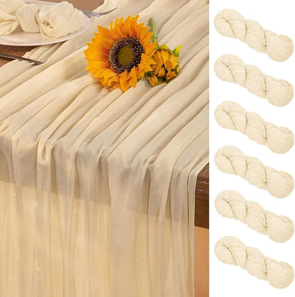 Beige Cheesecloth Table Runner 6 Pack Christmas Table Runners 120 Inches Boho Gauze Cream Cheese Cloth Table Decor for Xmas Holiday Season Parties Wedding Bridal Baby Shower