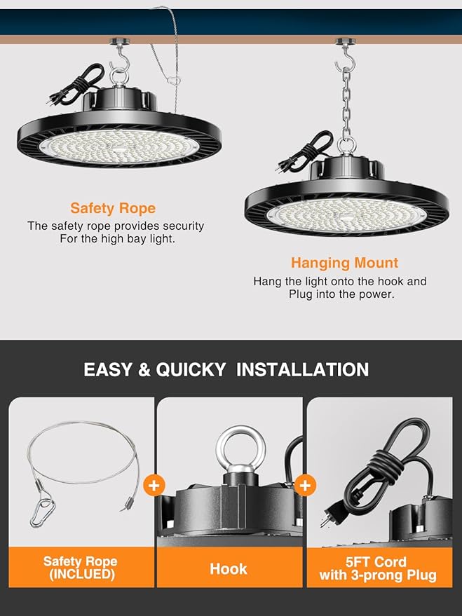 12 Pack UFO LED High Bay Light, 150W 5000K Daylight, 22500LM (Eqv. 800W MH/HPS), Commercial High Bay LED Shop Lights with US Plug for Garage Workshop Warehouse Barn, Plug&Play