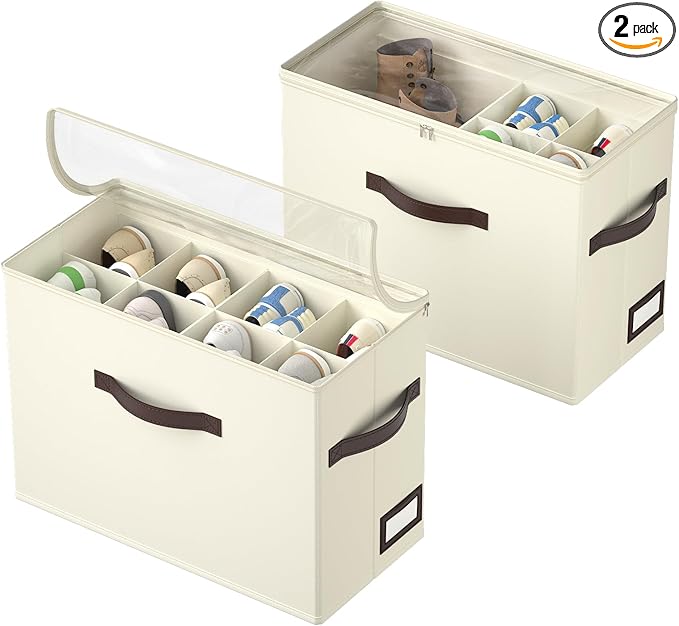 OIAHOMY 2 Pack Shoe Organizer for Closet, Foldable Shoe Storage Bins with Adjustable Dividers, Stackable Oxford Cloth Sneaker Boxes for Entryway Bedroom, Fits Up to 16 Pairs, Beige