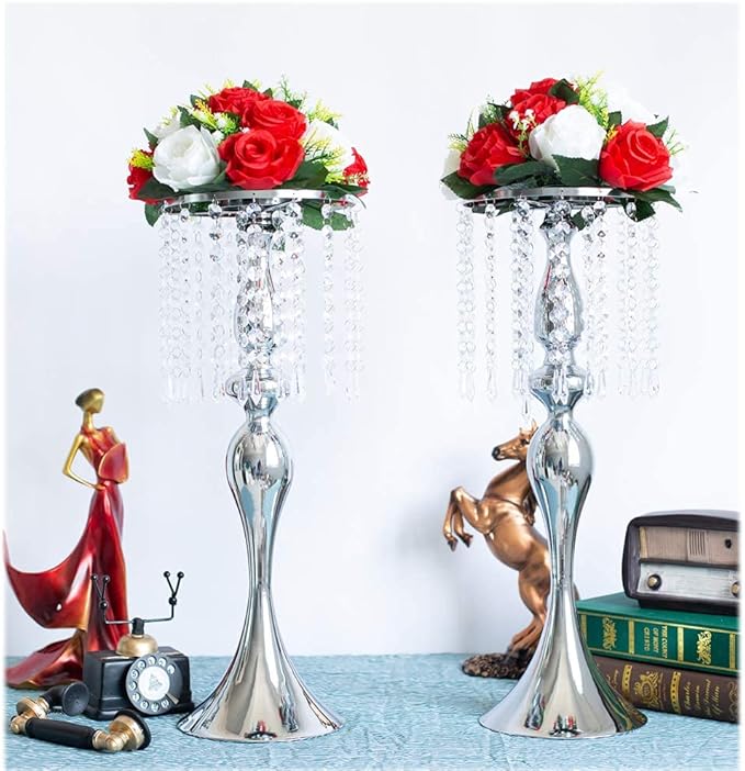LANLONG Set of 2 Crystal Centerpieces for Tables Silver Metal Flower Vase Stand for Wedding Party Reception Home Decor