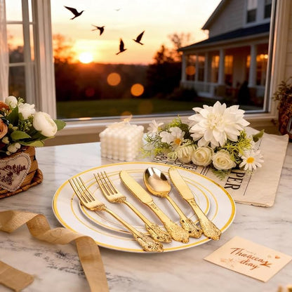 WDF 120PCS Gold Plastic Silverware - Heavy Duty Gold Plastic Cutlery Set Disposable Utensils - 40 Forks, 40 Spoons, 40 Knives, Perfect for Thanksgiving Party/Weeding and Daily Use