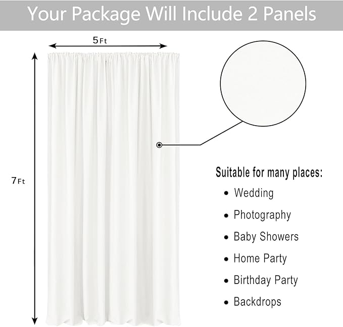Hiasan Ivory Backdrop Curtains for Parties, Polyester Photography Backdrop Drapes for Family Gatherings, Wedding Decorations, 5ftx7ft, Set of 2 Panels