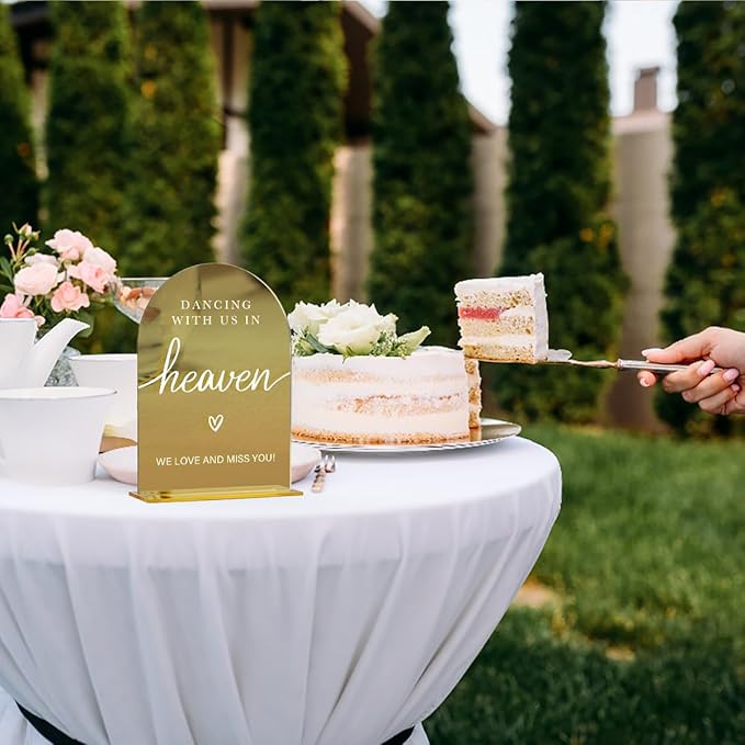 Acrylic Wedding Sign, Bridal Shower Decorations, Dancing With Us in Heaven Sign for Ceremony, Modern Font Table Signs, Gold Mirror Arched Acrylic Tabletop Signs for Wedding Reception and Event Party