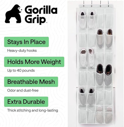 GORILLA GRIP Over the Door Shoe Organizer, 24 Large Breathable Mesh Pockets, Space Saving Hanging Storage Holder, Closet Rack Hanger Holds Up to 40 lbs, Hangs on Closets for Shoes, Accessories, White