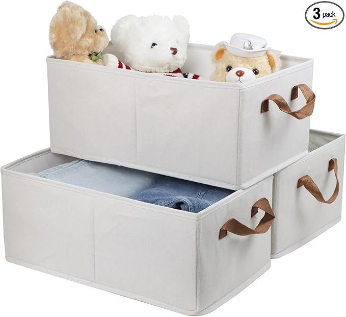 Pack of 3 Large Capacity Storage Bins Closet Organizer System, Sturdy Foldable Boxes for Organizing Clothing, Sheets, Toys, Books - Shelf Shelves Basket Bin Linen White
