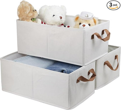 Pack of 3 Large Capacity Storage Bins Closet Organizer System, Sturdy Foldable Boxes for Organizing Clothing, Sheets, Toys, Books - Shelf Shelves Basket Bin Linen White