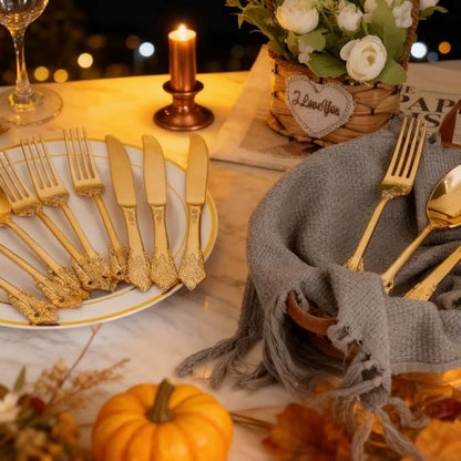 WDF 120PCS Gold Plastic Silverware - Heavy Duty Gold Plastic Cutlery Set Disposable Utensils - 40 Forks, 40 Spoons, 40 Knives, Perfect for Thanksgiving Party/Weeding and Daily Use
