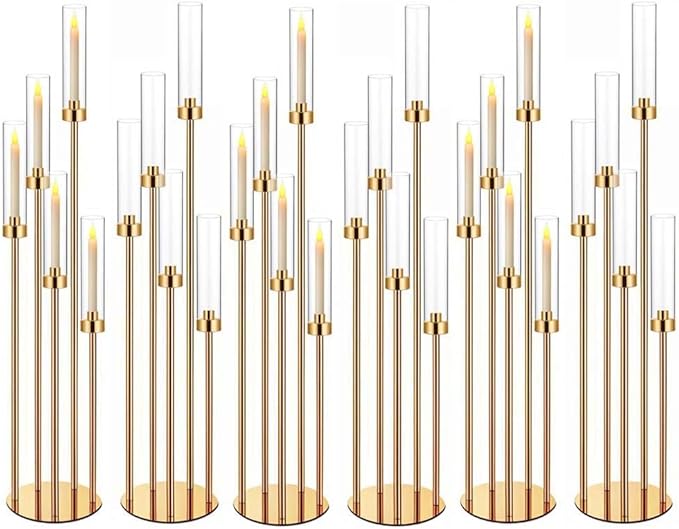 42.5in Gold Candelabra Centerpieces for Tables Candlestick Holders Decor Wedding Centerpiece Table Decorations 5 arm Candle Holder Set of 6 Acrylic lampshade Fit 0.9" LED Candle