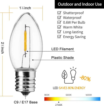 Brightown 50 Pack C9 LED Christmas Light Bulbs, Clear Plastic C9 Shatterproof LED Bulbs Replacement for Christmas String Lights, E17 Intermediate Base, Commercial Dimmable Holiday Bulbs
