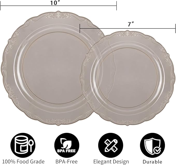 U-QE 100PCS Clear Black Plastic Plates - Heavy Duty Black Disposable Plates Including 50PCS 10'' Dinner & 50PCS 7.5'' Dessert Plates -Hard Plastic Platos for Halloween & Party & Wedding