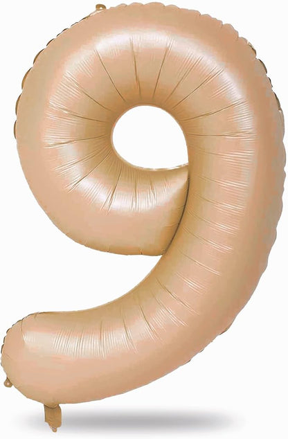 Nude Number 9 Balloons, 40 Inch Neutral 9th Birthday Foil Balloon for Boys Girls, Tan Giant Self Inflating Helium Mylar Foil Number Balloons 0-9 for Women Men Anniversary Party Decorations Supplies