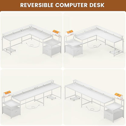 SEDETA White L Shaped Gaming Desk, 66" Home Office Desk with Wood File Drawer, Power Outlet and Led Lights, Corner Computer Desk with Monitor Shelf, Printer Storage Shelves, for Two Person