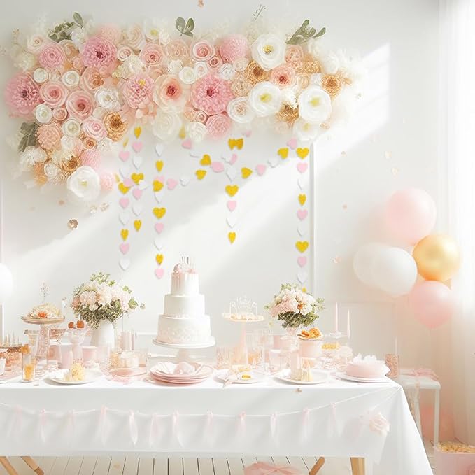 White Gold Pink Party-Decorations - 52Ft Paper Heart Streamers Garland Banner Women Birthday Bridal Shower Wedding Bachelorette Engagement Hanging Decor HongTongTong