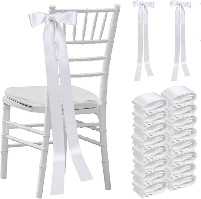 30 Pcs Wedding Ribbons for Chairs, 90.55x1.96 Inch Satin Chair Sashes for Pew Back, Aisle Ceremony Decorations, DIY Bow Making for Wedding Party Decor（White）