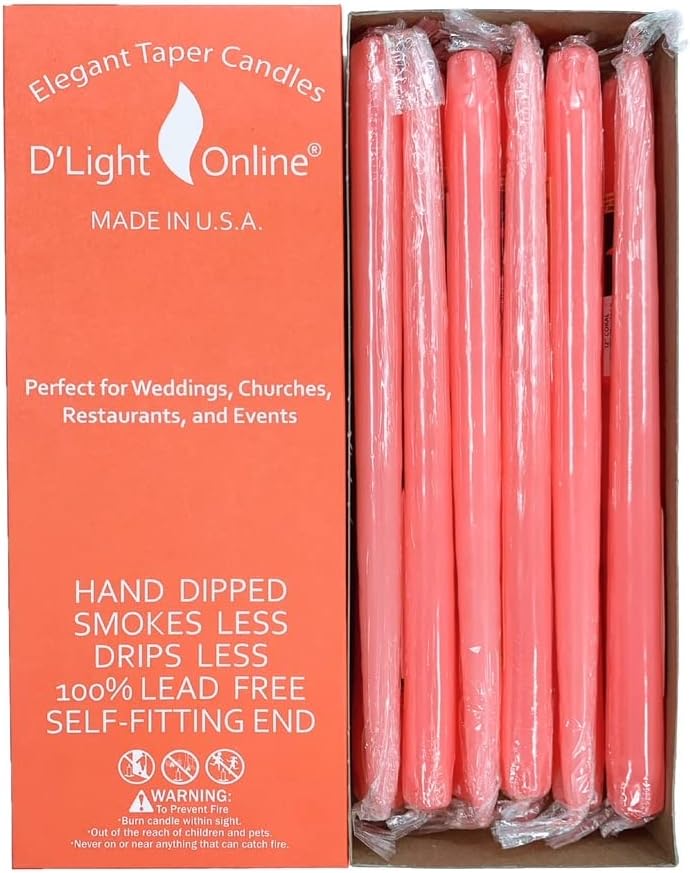 D'light Online Elegant Unscented 12" Coral Taper Candles Premium Quality Hand-Dipped Tapered Candles, Dripless and Smokeless - Set of 12 Individually Wrapped (12 Inch, Coral)