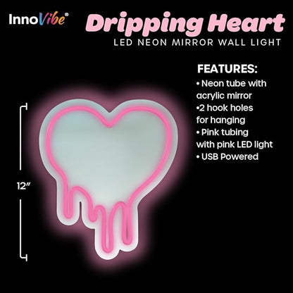 Pink Heart LED Light with Melting Design, Mirror Neon Sign for Bedroom Wall Decor, Light Pink Heart Wall Mirror, 12”x11” Neon Sign for Girls Room