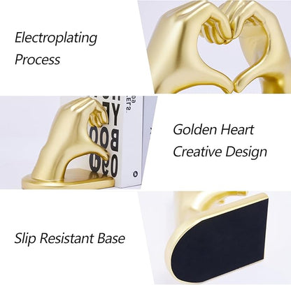 Book Ends Heart Design for Mom, Gold Bookends for Shelves, Non-Skid Bookend, Heavy Duty Resin Book Stopper for Books, Decorative Holder, Gifts for Mother's Day 10.43 x 3.93 x 5.51’’, Gold